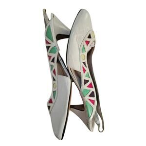 Vintage Nadin Ka Geometric Slingback Heels White Leather Mod 80s 90s Multi Color